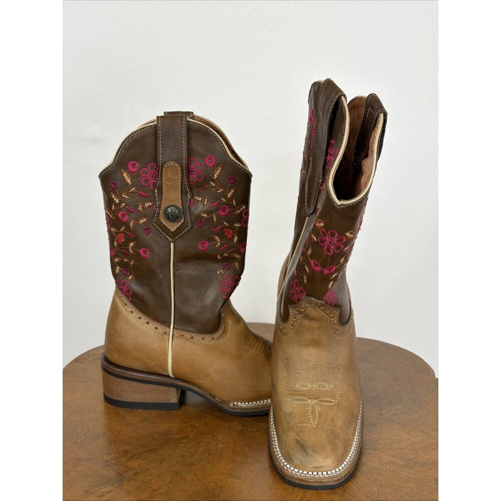 Verthali Brown Leather Western Boots Pink Floral Embroidery Women's 5.5 Mexico